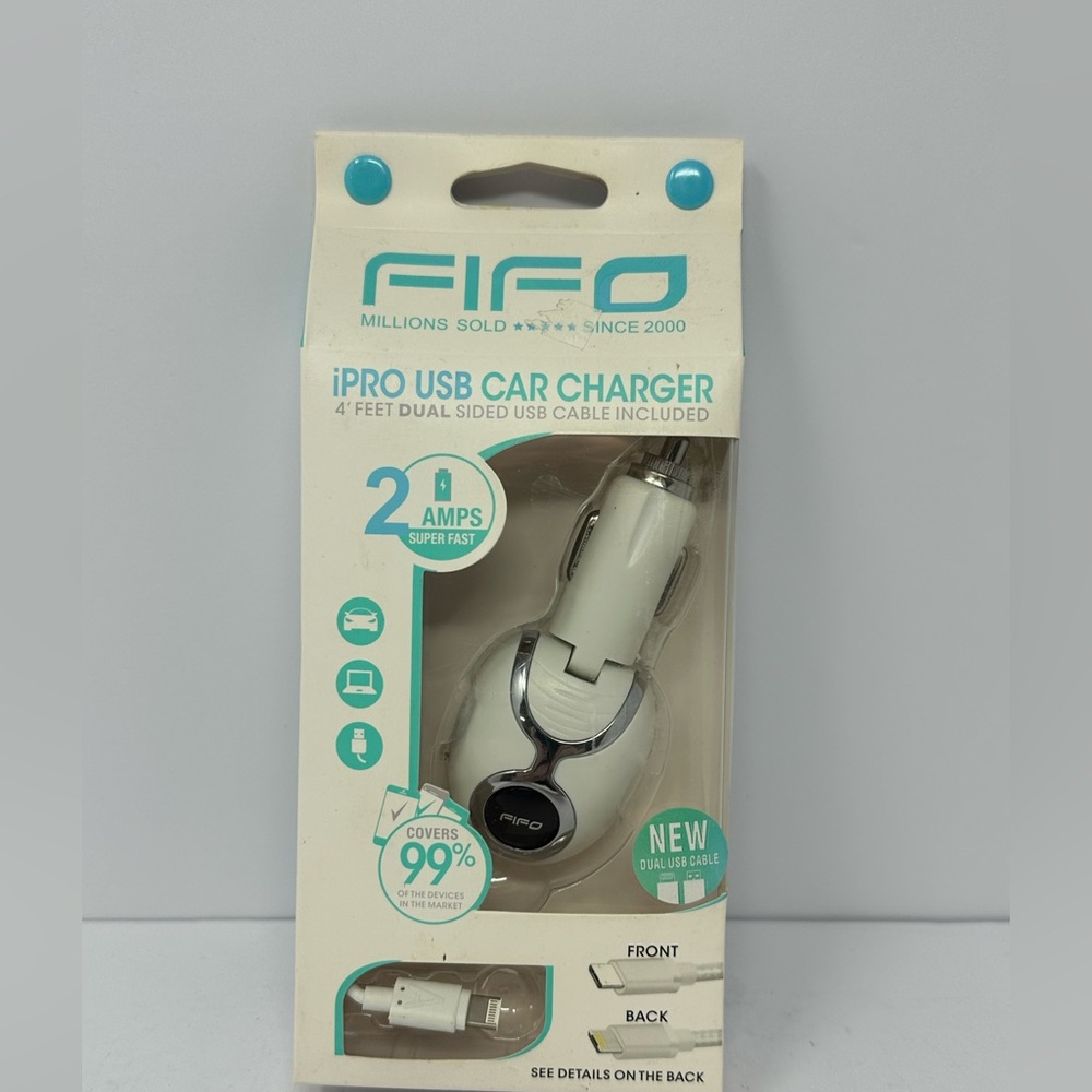 Fifo IPRO USB Car Charger 4ft dual sided cable white Android and Apple Swivel P4